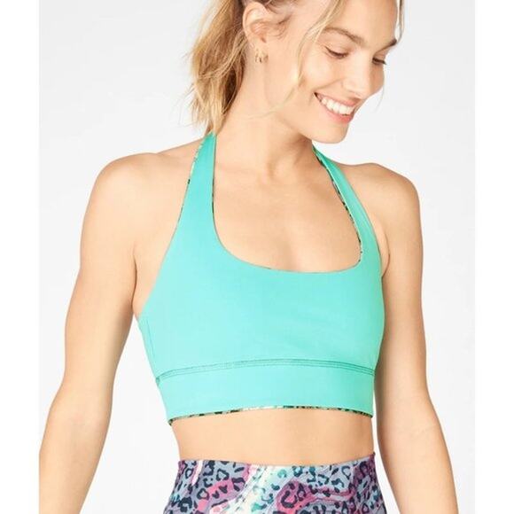 Fabletics Harlow Halter Reversible Sports Bra Dunes Lunar Blue Sz. L/10 NEW - Picture 3 of 10